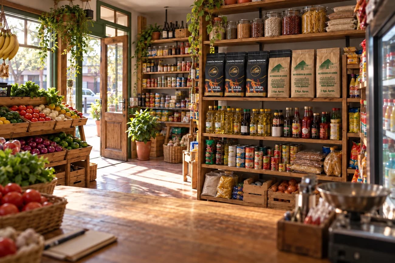 Visualización de un almacén con bolsas Novusterra de papel y premium junto a otros productos